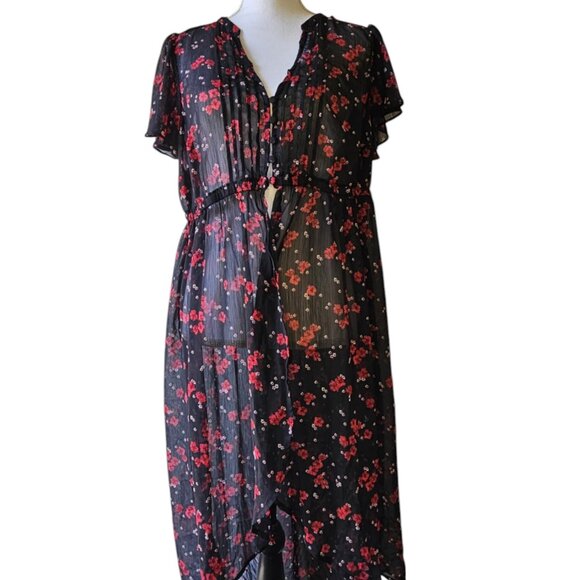 Torrid Chiffon 00 Maxi High-Low Blouse Topper Black Red Floral Roses - Picture 1 of 3
